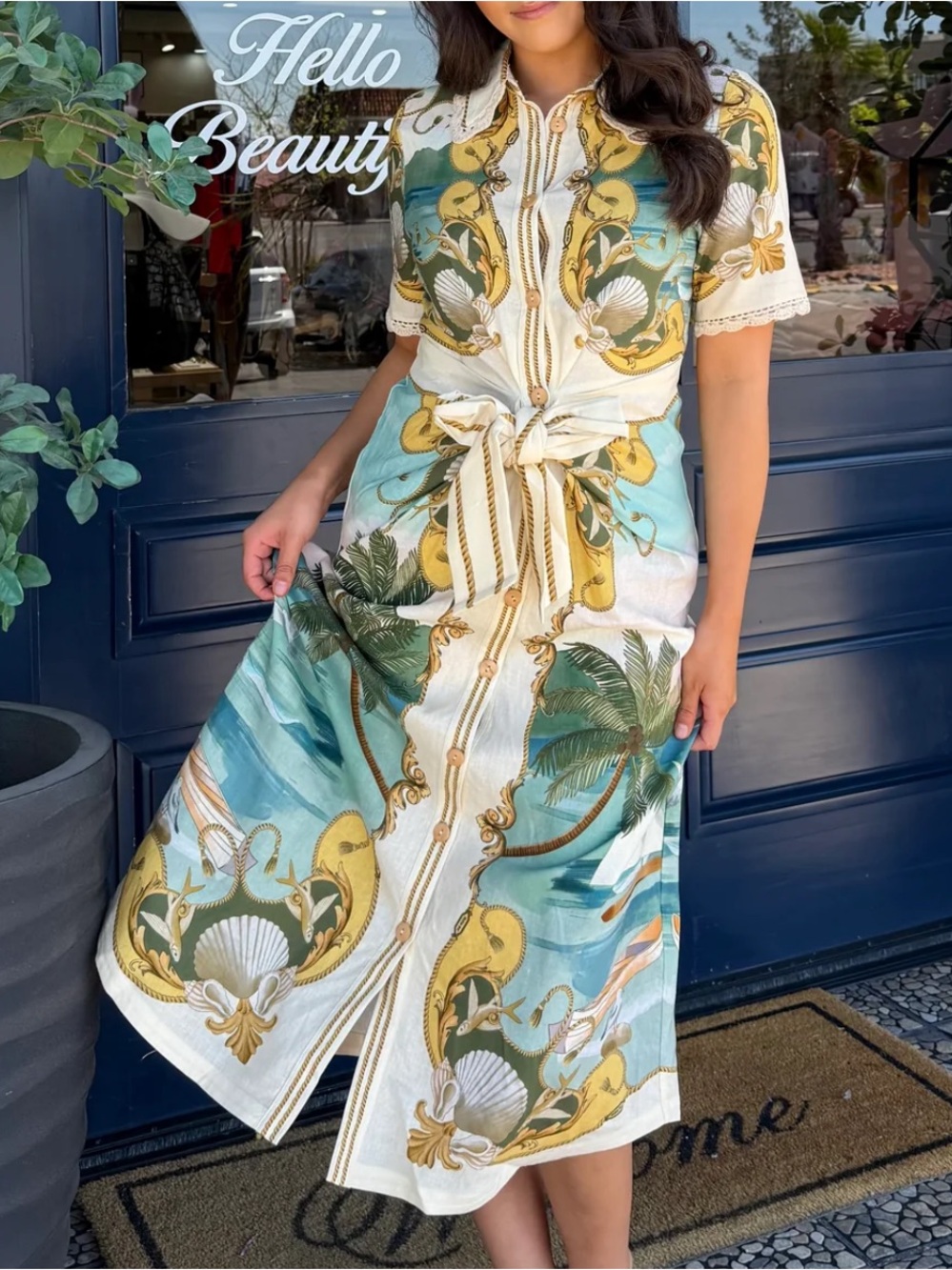 FARM Rio Royal Sea Tie Waist Midi Dress